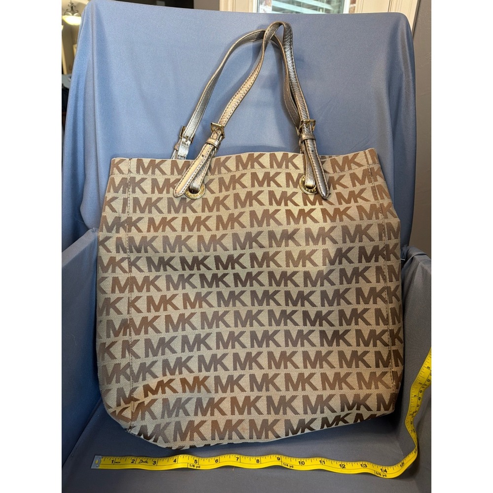 Michael Kors Monogram Tote Bag Gold Metallic Trim Jacquard Canvas Large Shoulder